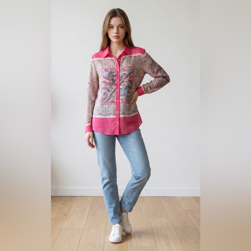 Sweet Rain Pink and Beige Paisley Button-Up Blouse - Picture 4 of 4